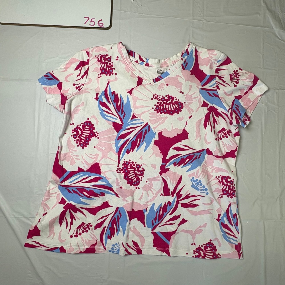 Kim Rogers Womens Petite Medium PM Pink Floral V-Neck 100% Cotton T-Shirt Top